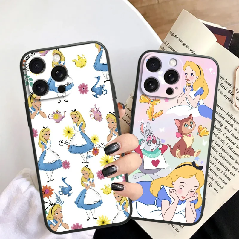 Alice Disney Cartoon Beauty For iPhone 15 14 13 12 11 XS XR X 8 7 SE Pro Max Plus Mini Black Back Phone Case image 4