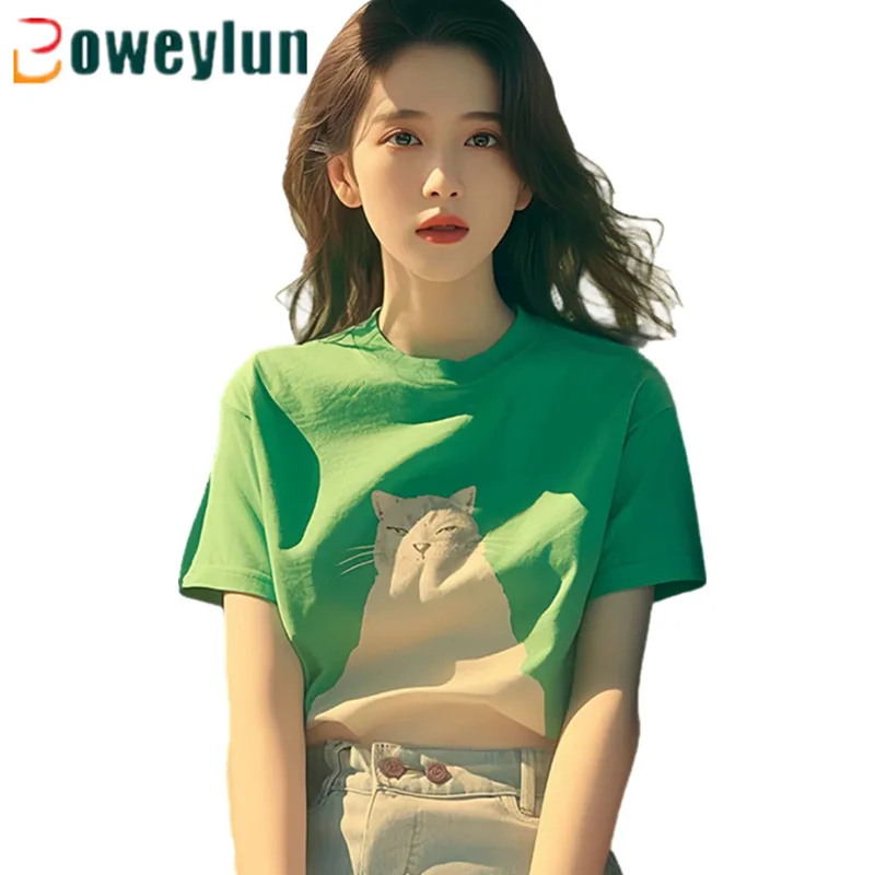 Boweylun White Cat Print Green Positive Shoulder Short Sleeve Dopamine T-Shirt Women Summer Skin Girls Casual Round Neck Top