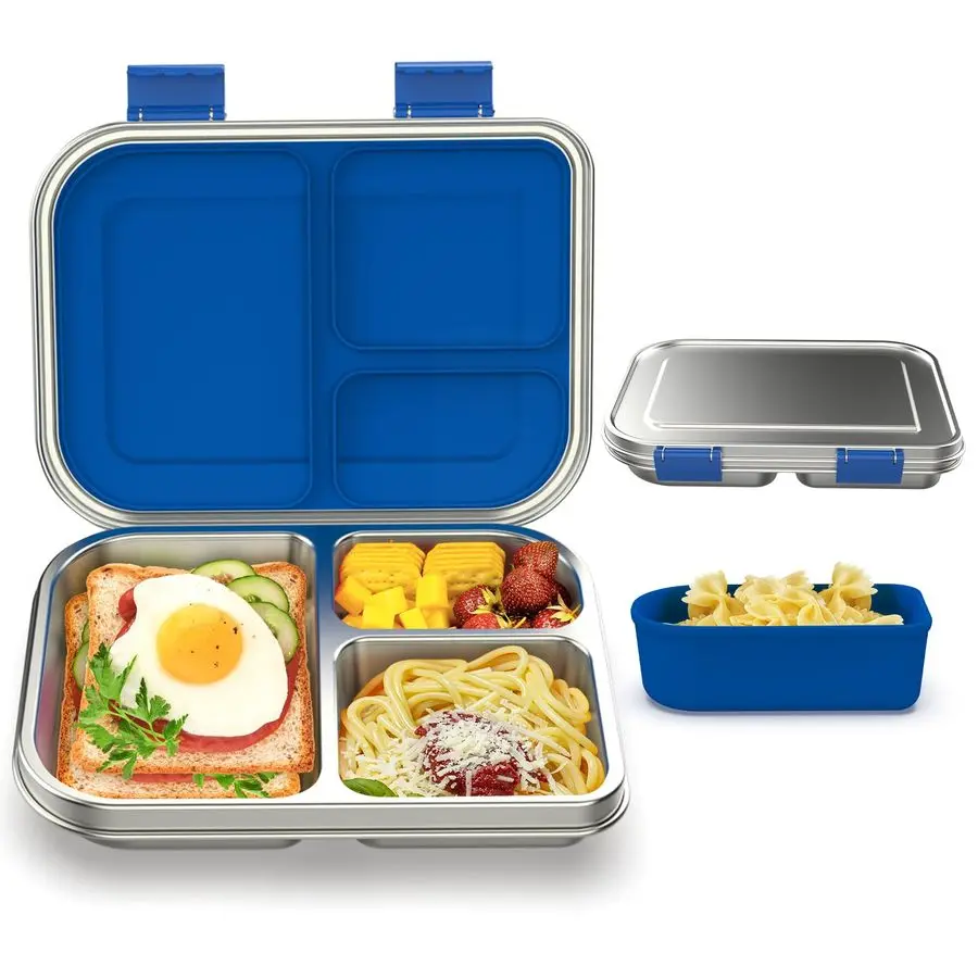 

Steel Bento Box Kids, 3 Compartments Leak Proof Metal Bento Lunch Box, 304 Stainless Steel Bento Lunch Containers for School and