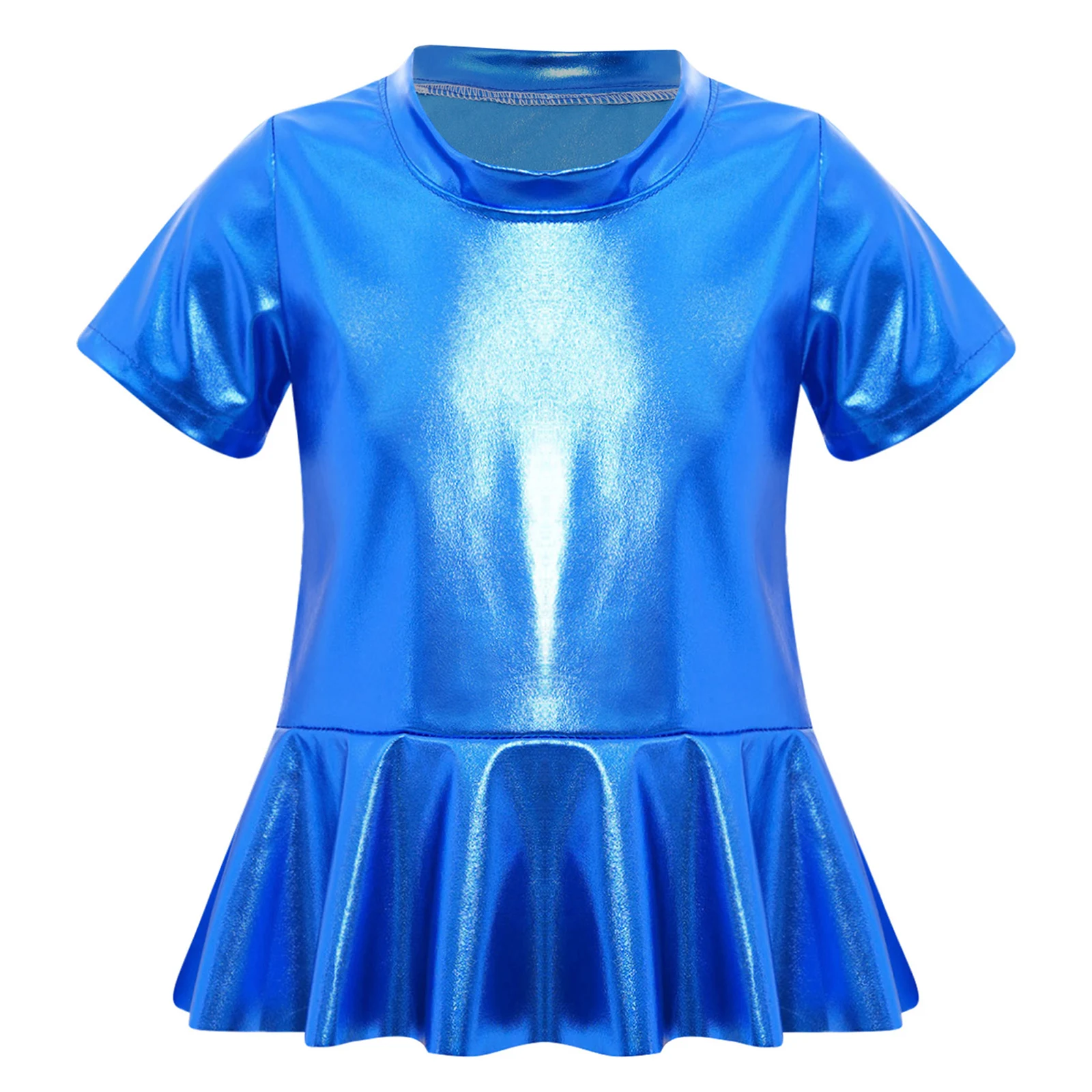 

Kids Girls Cheerleading Jazz Dance T-shirt Hip-hop Dance Costume Metallic Peplum Top Round Neck Short Sleeves Shiny T-shirt Top