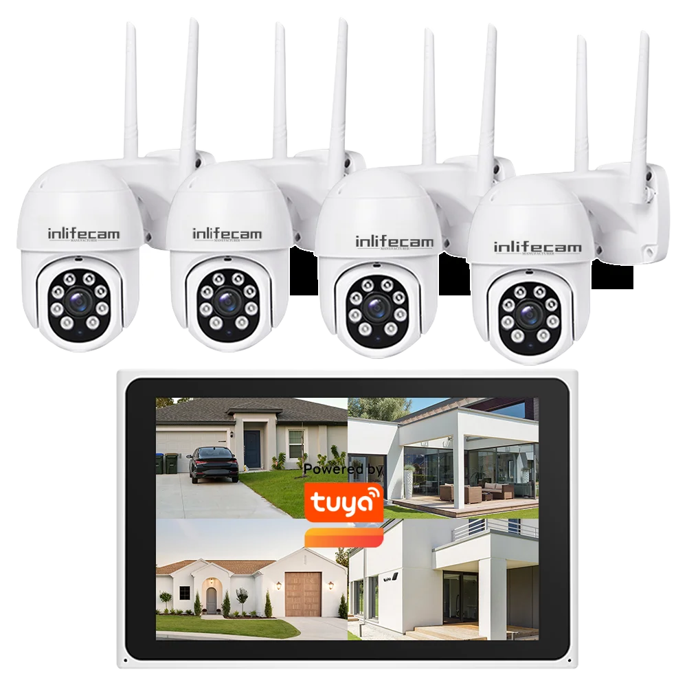 Inlifecam Tuya Smart APP 8CH 3.0MP Outdoor PTZ Pan Tilt Wireless NVR Kit WIFI IP Camera Security System 10.1 Screen