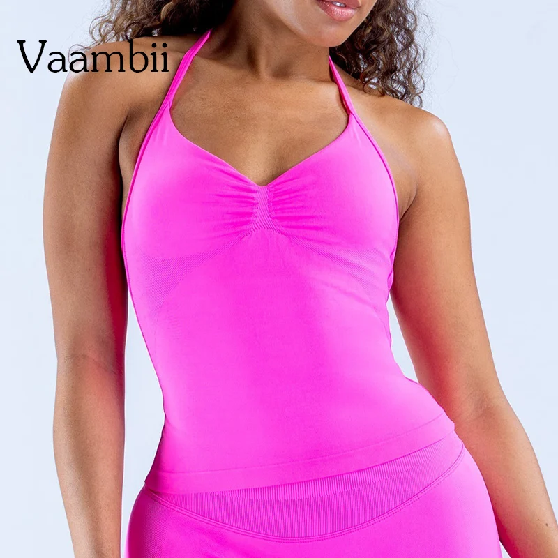 

Women's Seamless Fitness Tank Top Beautiful Open Back Bra Workout Halter Longline Strappy Gym Top Sports Shirts Yoga Vest