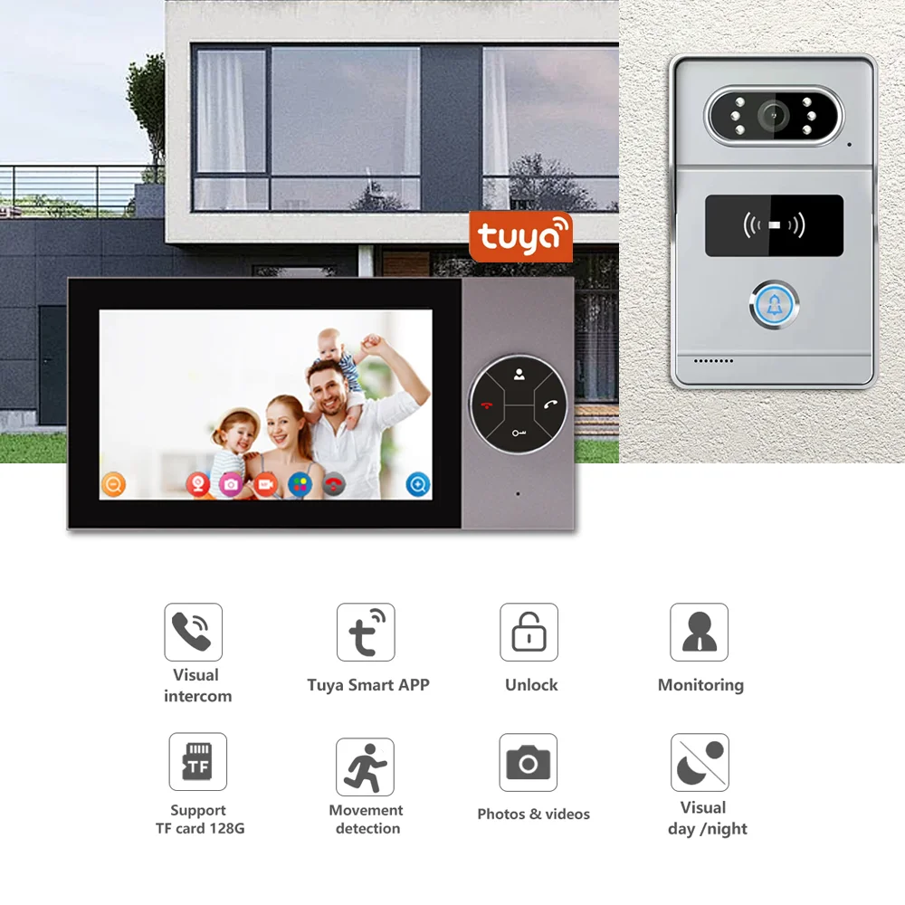 1 By 2 monitors 7-Inch HD 4-line Visual Intercom Doorbell TuYa Visual Doorbell Private Residential Intercom