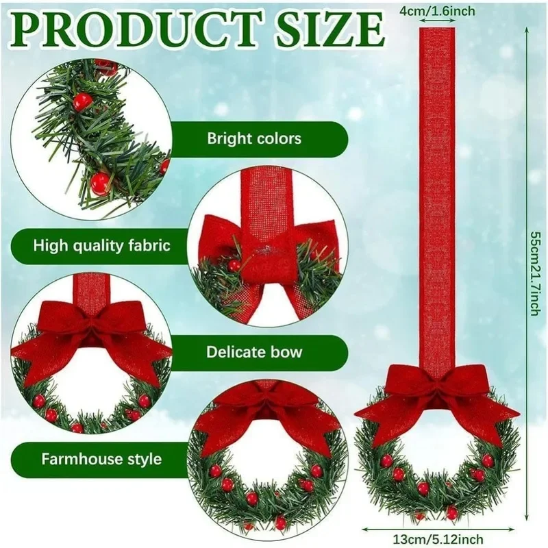 4 Pieces of Christmas Mini Wreaths, Window Decorations, Ribbon Bows, Red Fruits, Christmas Party Home Decorations