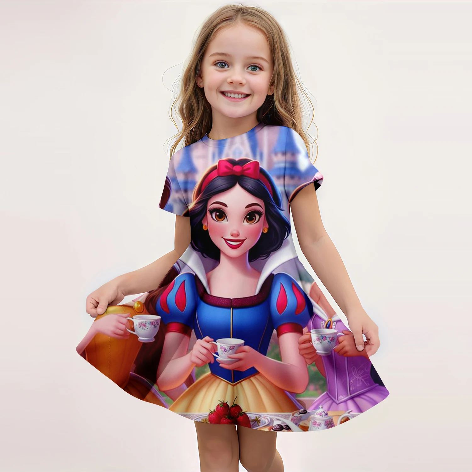 MINISO Snow White Summer Girl Dress Cute 3D Printed Disney Girl Dress Fashion Trendy Children\'s Clothing Party Performance Dress