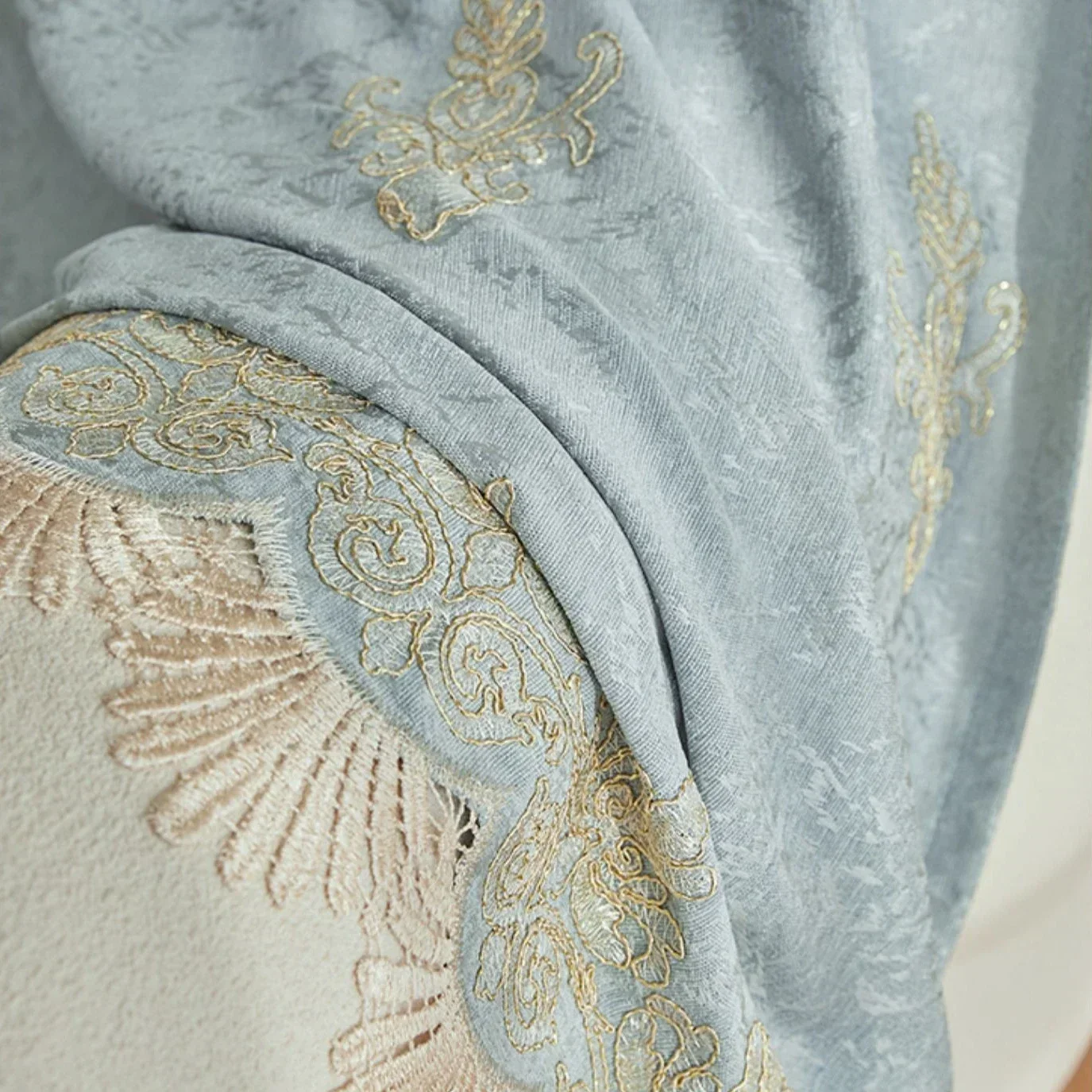 

European Chenille Curtains For Living Room Bedroom Window Blue Embroidered Luxury Thicken Blackout Colth Decor Custom Lace Tulle