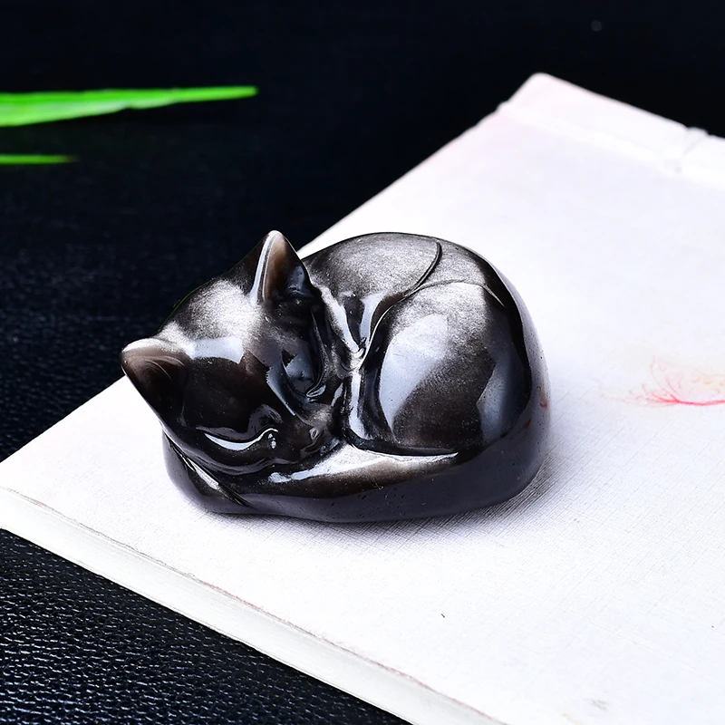 تمثال نوم على شكل قطة من حجر السج الفضي الطبيعي 50 × 46 × 34 ملم - حجر قطة لطيف منحوت بالكريستال - منتج ديكور منزلي للهدايا #1