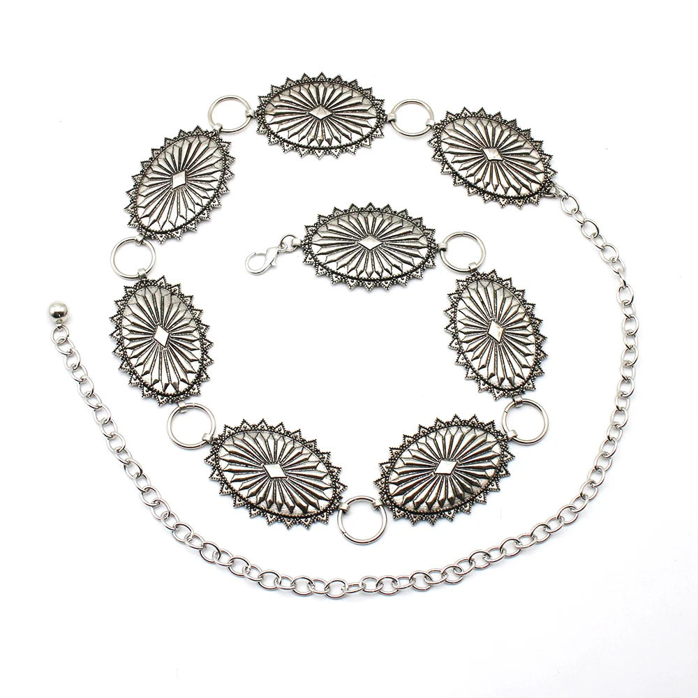 

Fashion Antique Silver Zinc Alloy Oval Sawtooth Chain Conchos Belts for Women