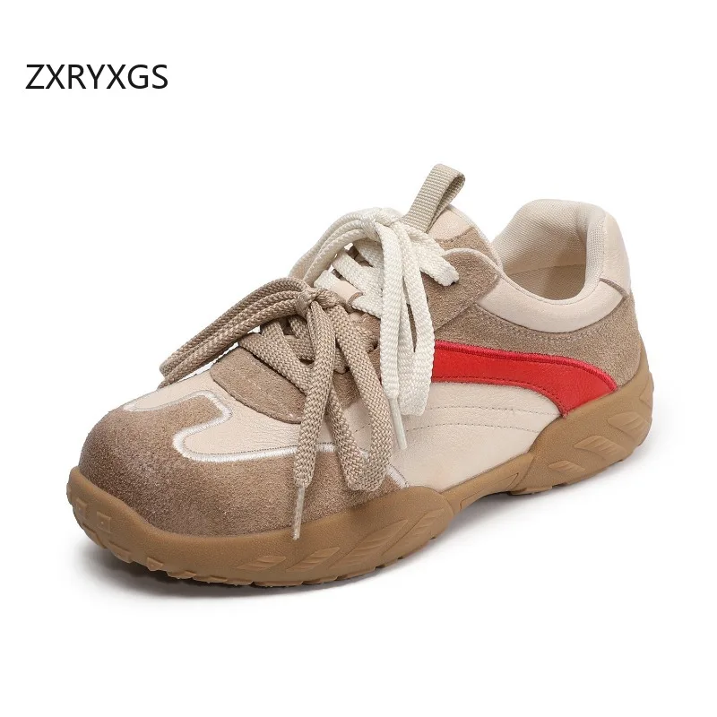 ZXRYXGS 2026 New Spring Spell Color Splicing Top Cowhide Leather Sneakers Women's Flats Fashion Casual Sneaker Travel Shoes Tide