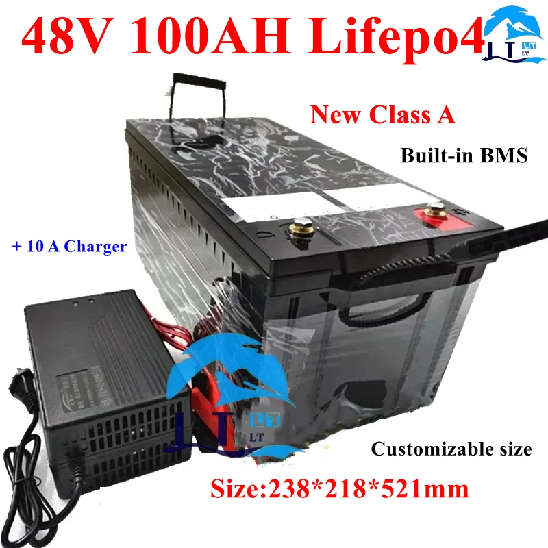 

LT-Batterie au lithium LiFePO4 avec BMS, scooter de stockage d'énergie solaire, tricycle, caddie de golf, charger 10A, 48V 100ah