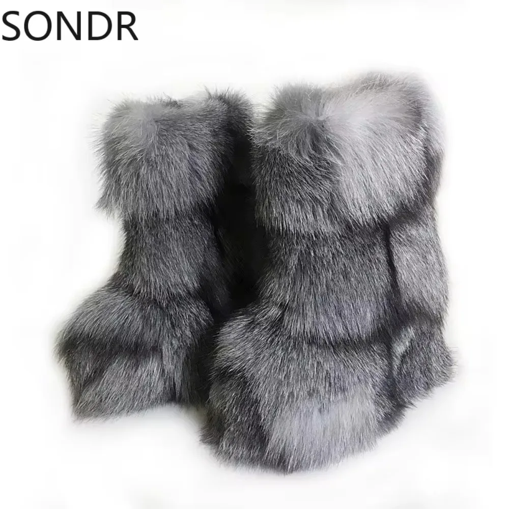 Womens Round Toe Mid Calf Boots Real Sliver Fox Fur Furry Hidden Heel Warm Winter Snow Shoes Custom Made Colors