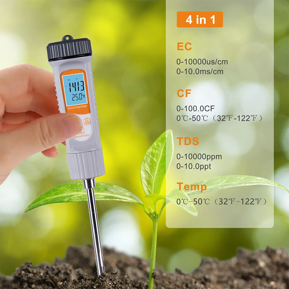 Yieryi Smart Bluetooth Soil & Water Quality Monitor Digital 4 In 1 EC TDS CF Temp Meter Farm Garden Soil Test Detector for Plant