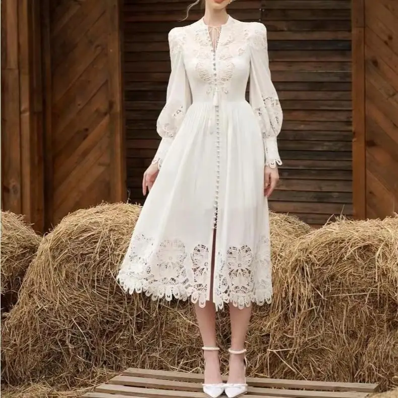 

Long Summer Hollow Dresses 2024 New Vestidos Floral Embroidery Hollow Lace Dress Long Lantern Sleeve Long Sleeve Holiday Dresses