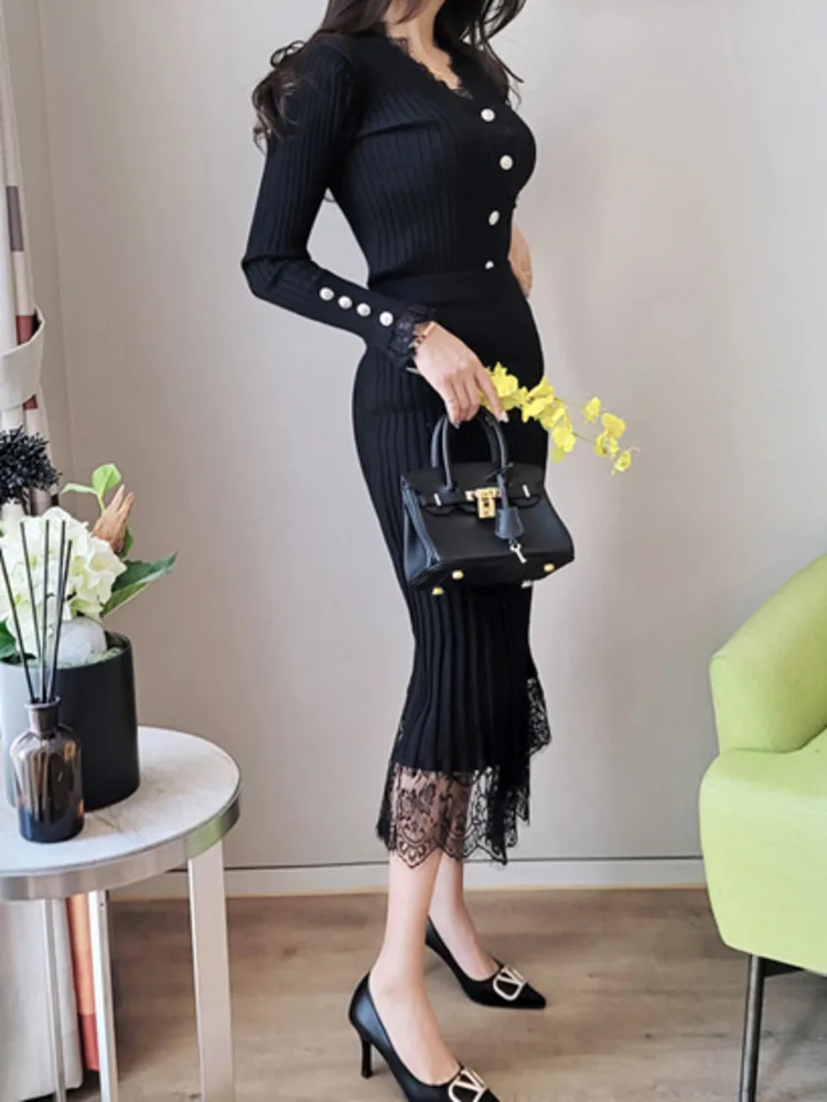 Korean Fashion Womens Knitted Skirts Suit V-Neck Lace Splicing Cardigan Sweater + Stretch Mid Length Skirt Female 2 Piece Set