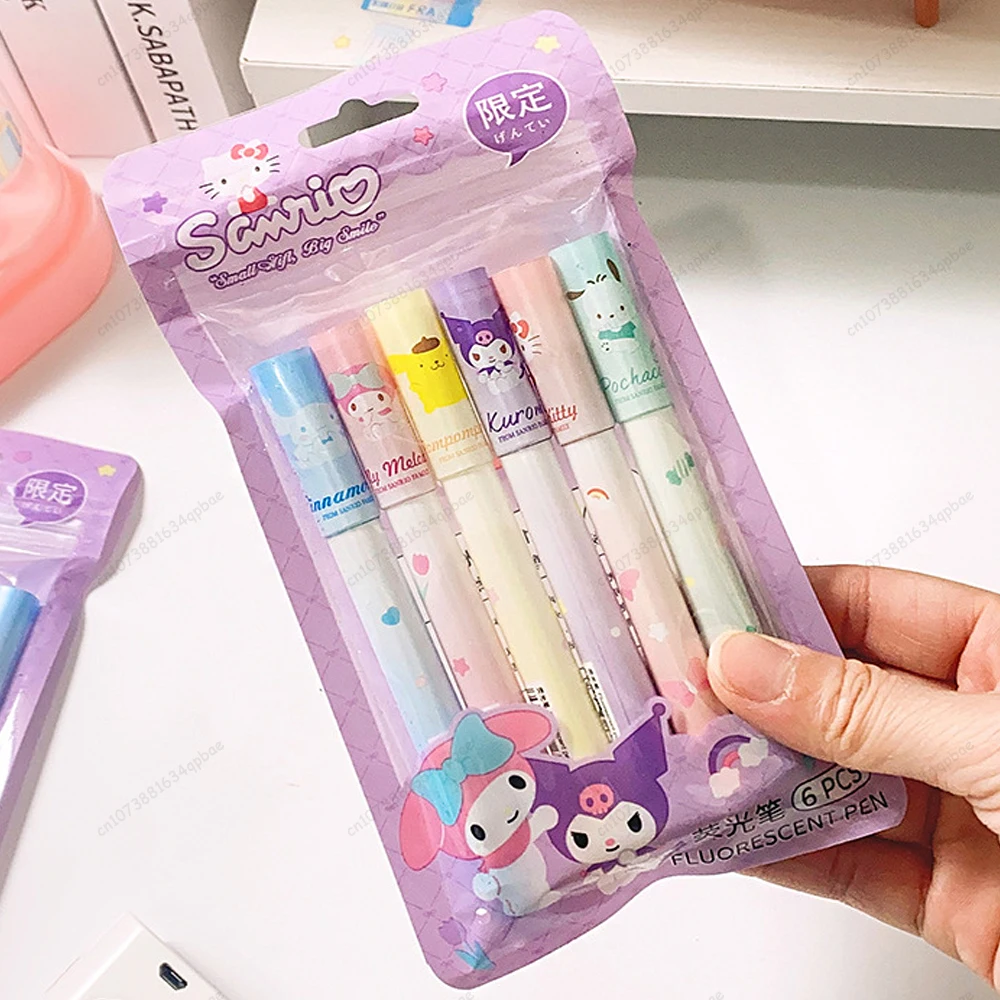 6Pcs MINISO Hello Kitty Highlighter Pen Set Kawaii Kuromi Melody Cinnamoroll Art Fluorescent Markers Pens School Office Statione