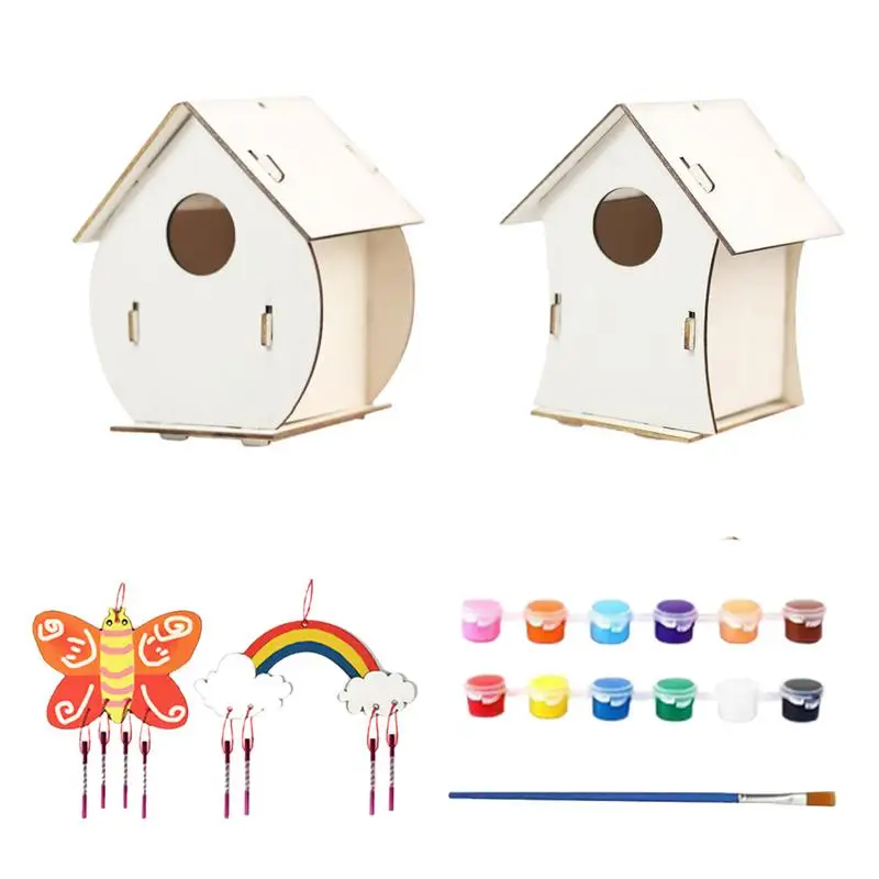 Birdhouse Kits For Kids DIY Bird House Kit 2 Sets DIY Wooden Assembly Birdhouse Educational Outdoor Toys For Kids Ages 4-8