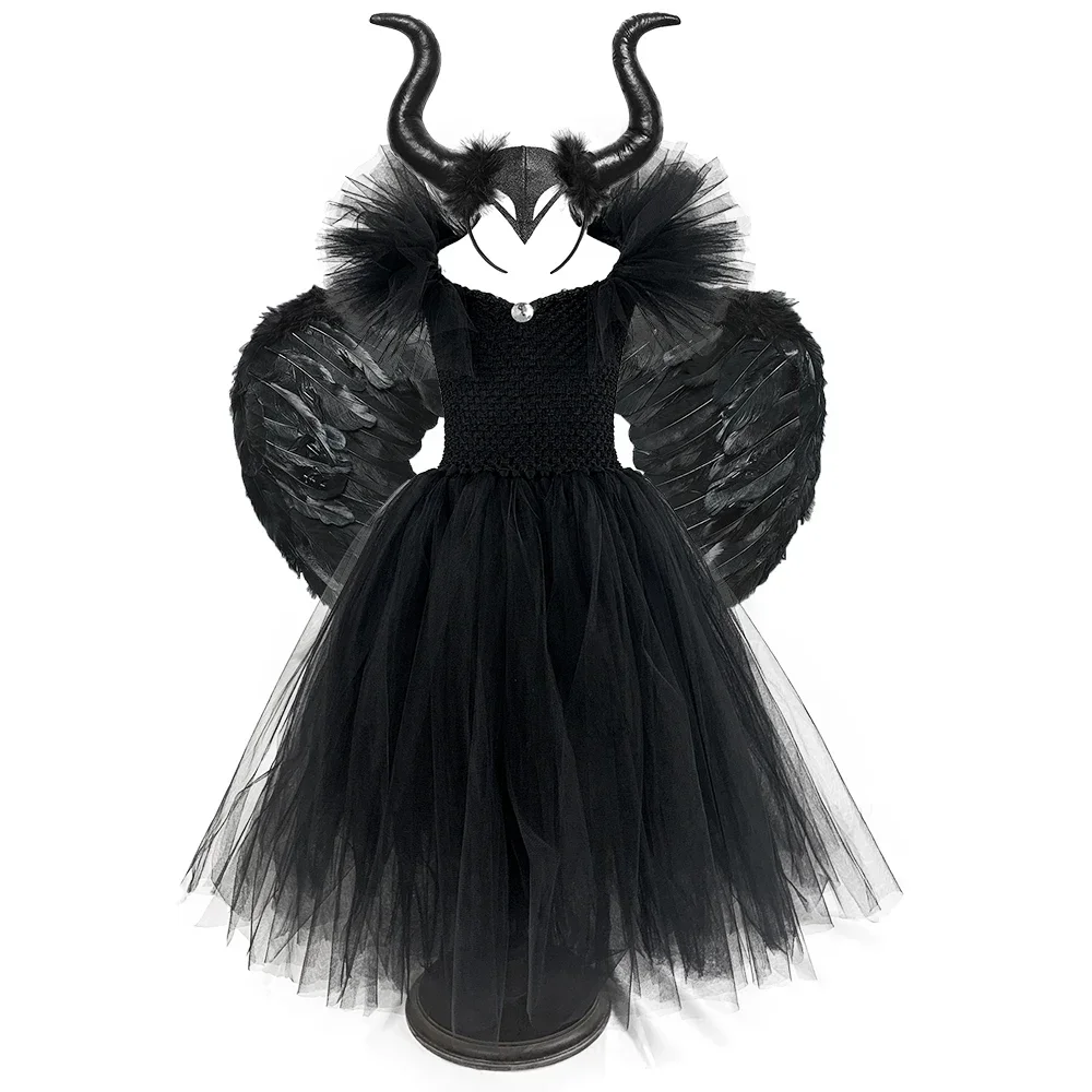 Black Witch Costume Wing Horns Kid Girls Tutu Dress Ankle Length Halloween Devil Cosplay Clothes For Child Party Photo Prop Gift