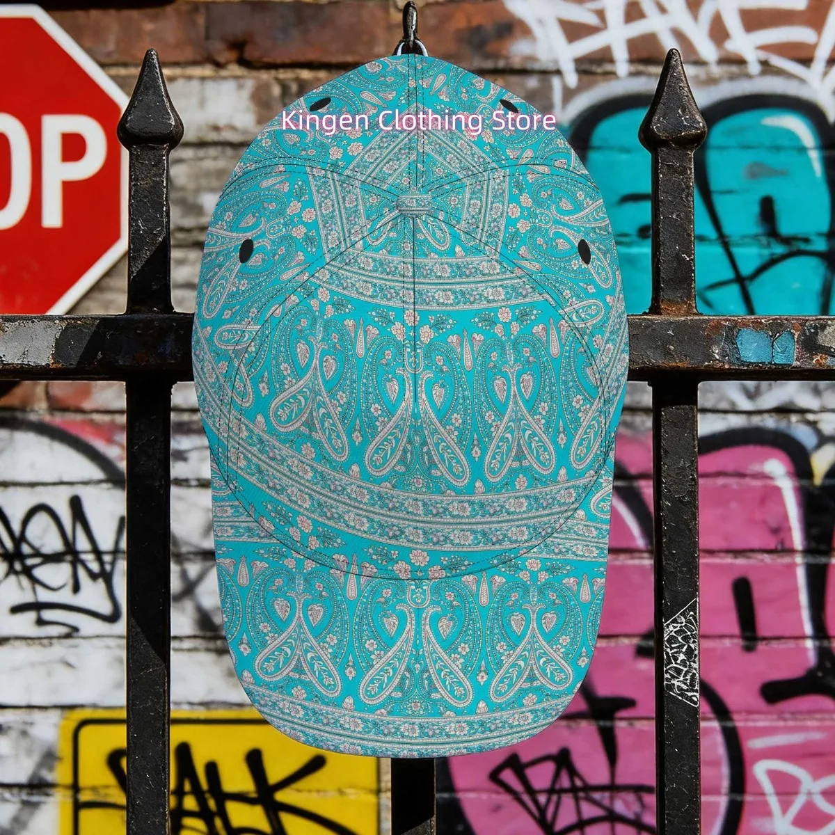 1pc with Turquoise Paisley Floral Border Print Classic Baseball Cap Perfect Lightweight Polyester Duckbill Hat Perfect for Daily