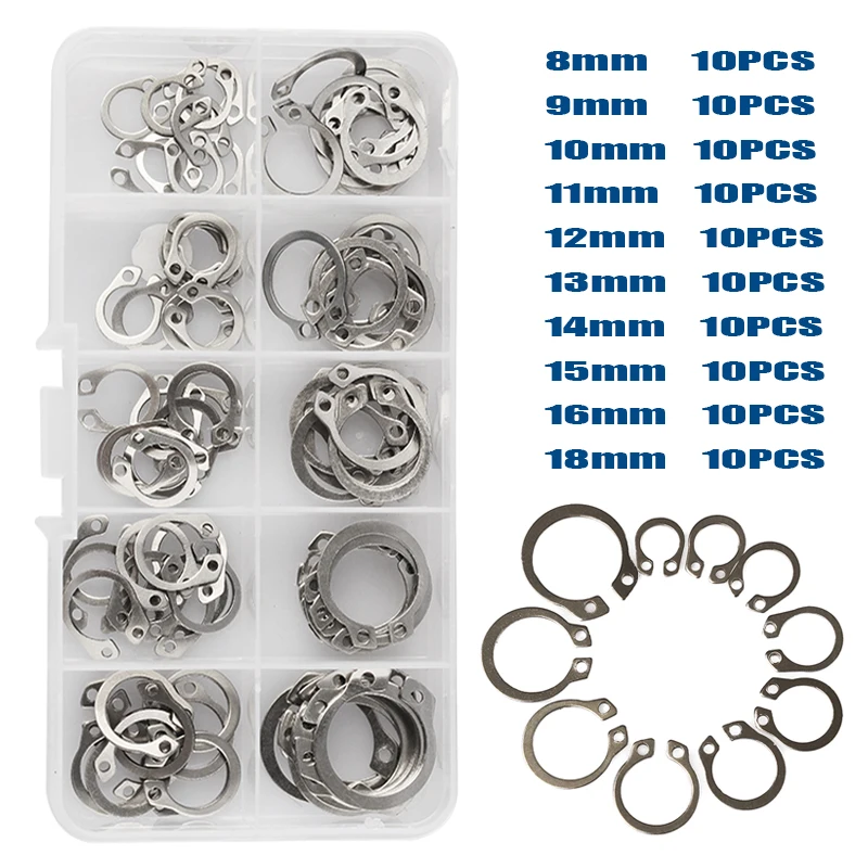 

100Pcs M8-M18 304 Stainless Steel External Retaining Circlips Shaft C Type Washers Snap Retaining Ring Circlip Assortment Kit