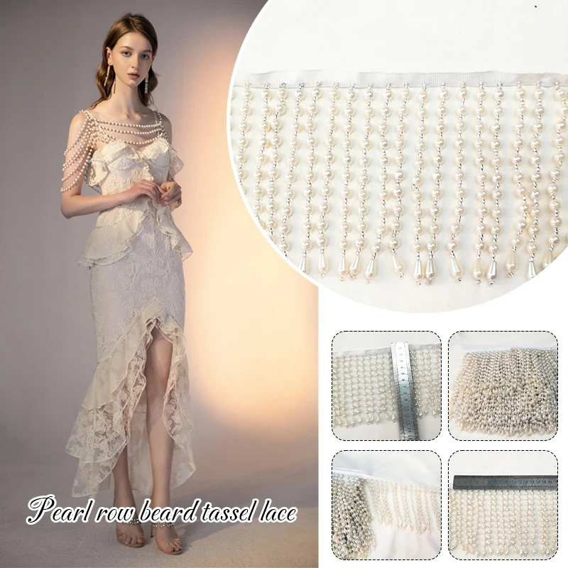 

1/3yards Handmade Pearl Fringe Lace 11cm Width Long Pearl Beaded Lace Trim Ribbon DIY Sewing Garment Dress Curtain Accessories