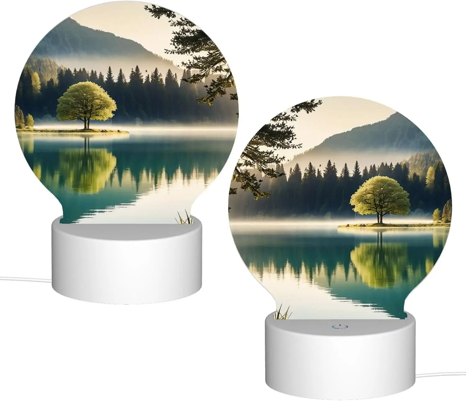 Round Acrylic Night Light, USB Plug-in, Peaceful Lake and a Tree Printed Cute Dimmable Led Light, Elegant Ideal for Bedroom Gifts