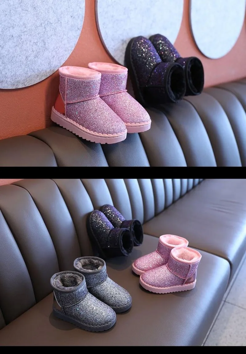 Children Snow Boots Soft Bottom Warm Padded Thickened Boots Non-slip Cotton Shoes Girls Comfort Fuzzy Shoes Glitter Casual Shoes