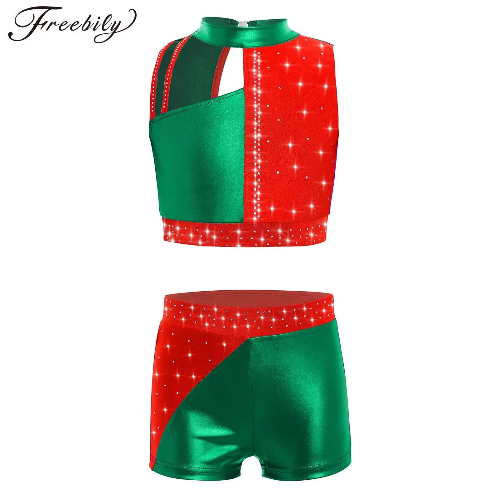 여자 체조 의상 라인스톤 크롭 탑과 반바지 세트 대회 공연 크리스마스를 위한 발레 댄스 의상