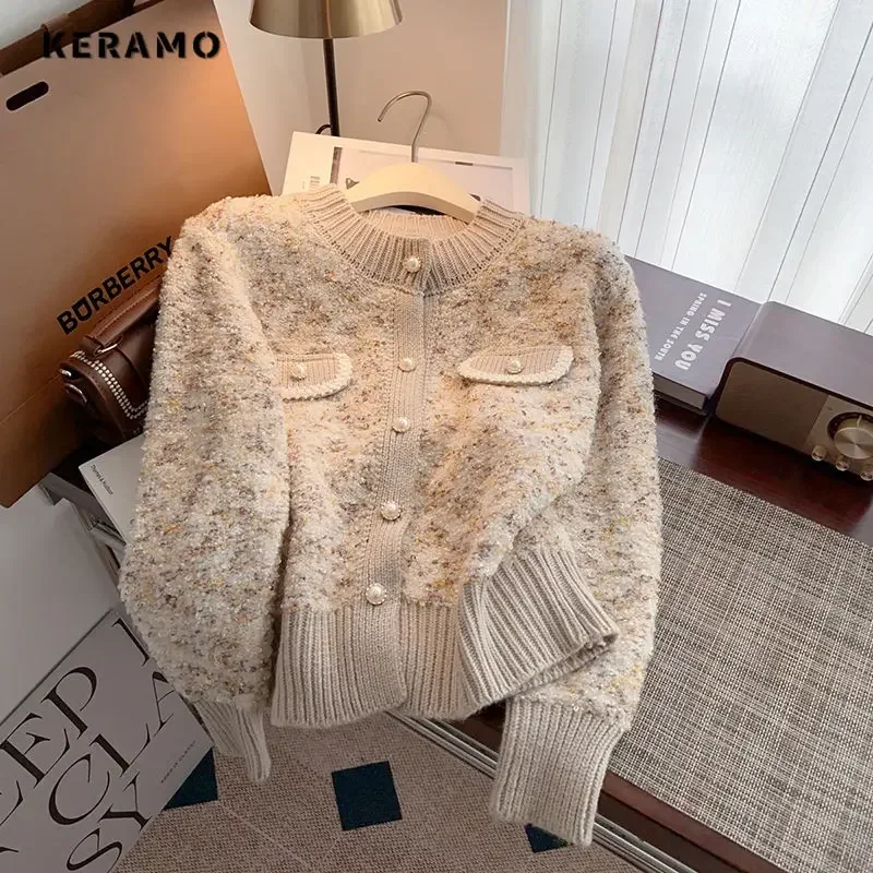 Women Luxury Sweet Knitted Round Neck Long Sleeve Cardigans 2025 Winter Casual Single Breasted Patchwork Fashion Elegant Sweater