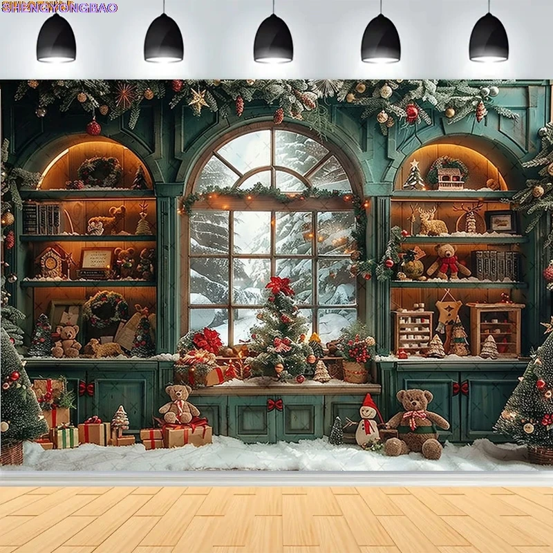 

Christmas Day Wreath Family New Year Party Photography Backdrops Prop Window Living Room Xmas Tree Gift Snow Background BV-40