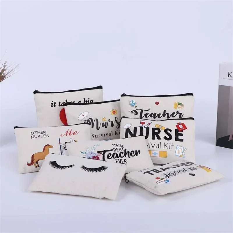 Creative Canvas Storage Bags for Teacher Nurse Cartoon Large Capacity Survival Kit Cosmetic Bag Gift for Friends Teachers