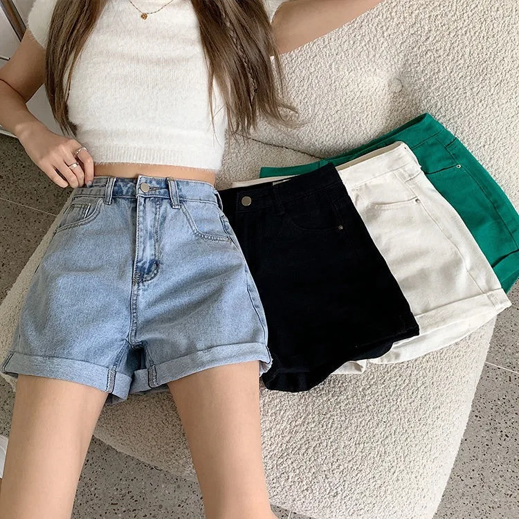 

Spring Summer Women High Waist Solid Color Vintage Loose Denim Shorts Casual Female Wide Leg Ladies Jeans Shorts Female Femme