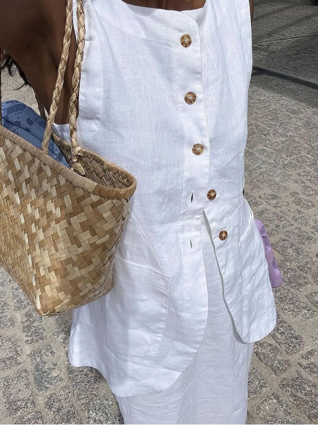 

White Linen Elegant Skirt Set Women Summer New Crew Neck Single Breasted Vest+Midi Skirts Simple Casual Fashion Two-piece Sets