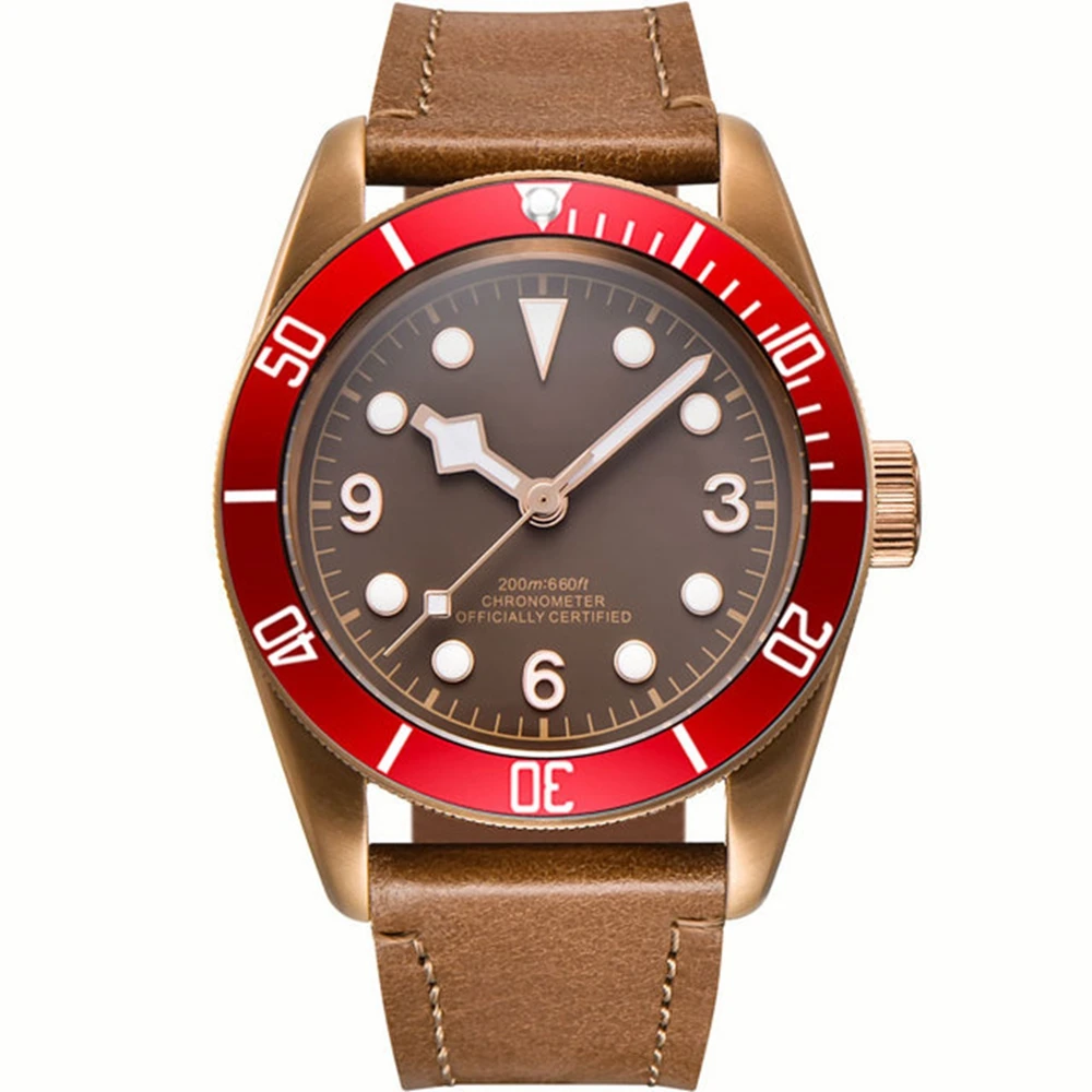 นาฬิกาข้อมือผู้ชายแบบกลไกอัตโนมัติ NH35A พร้อมโลโก้สั่งทำพิเศษ  หน้าปัดสีน้ำตาล  กระจกแซฟไฟร์  เรืองแสง  สไตล์ทหาร  กันน้ำลึก 100 เมตร