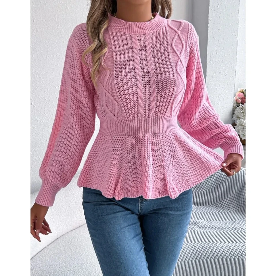 

Autumn Winter New Twist Knitted Long-sleeved Women's O Neck Tops Elegant Fashion Waisted Female Pullover Office Sweaters 2025