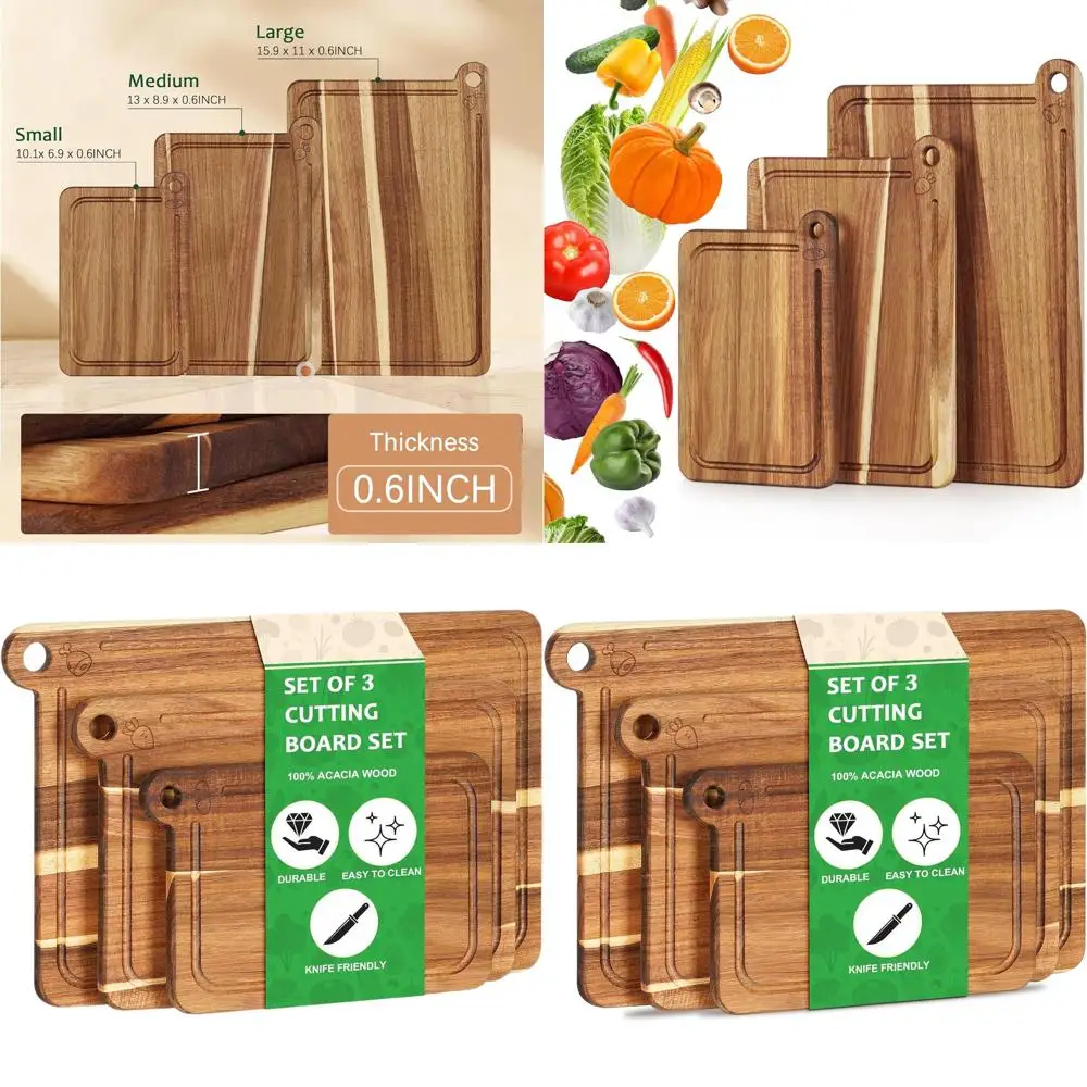 

Acacia Wood 3-Piece Cutting Board Set with Deep Juice Grooves and Built-In Handles for Kitchen Chopping, Meat, Veggie, and Chees
