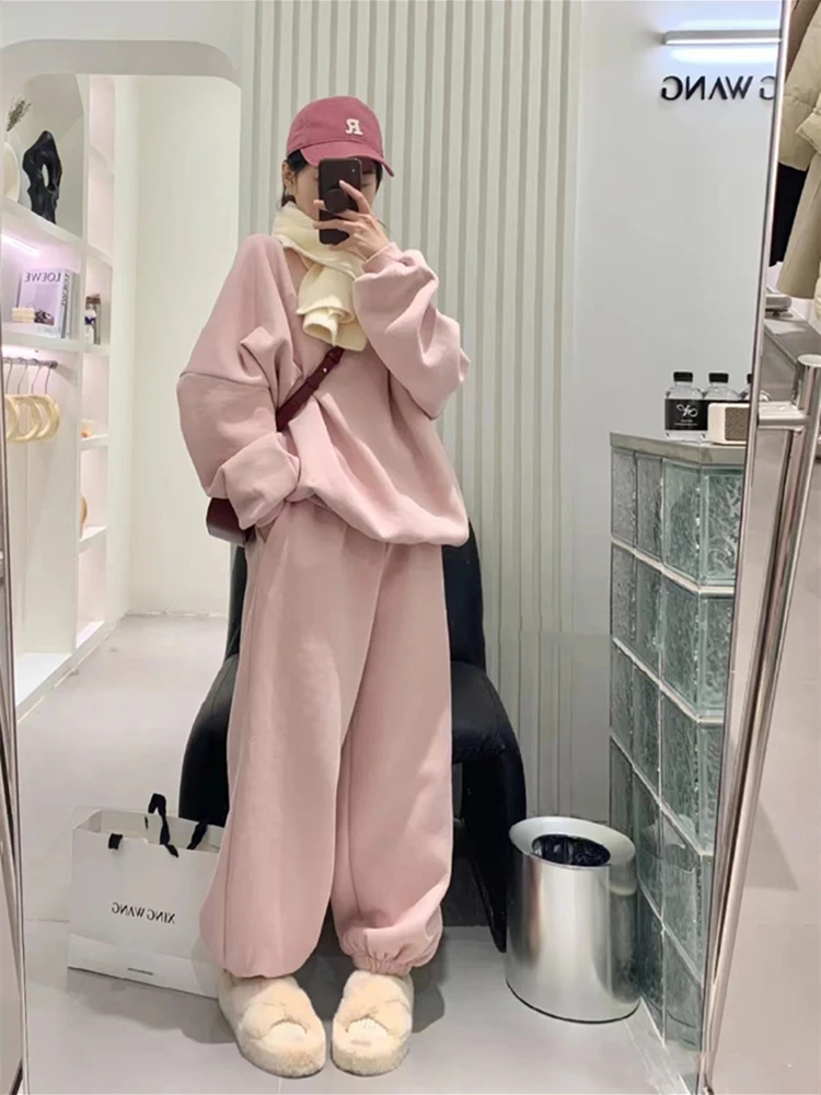 sweet-girl-korean-style-color-casual-sports-set-women's-loose-fashionable-sweatshirt-two-piece-set-trendy-spring-cotton