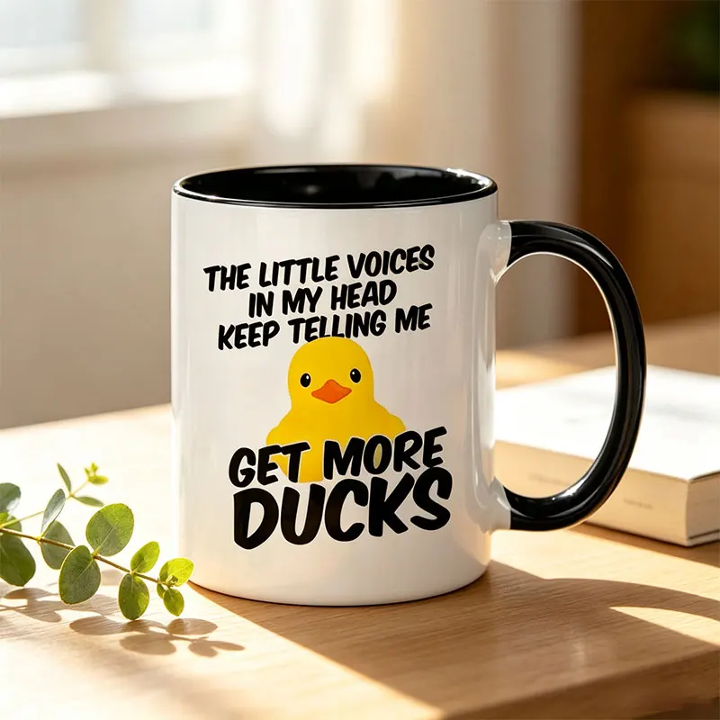 1 11-Ounce Insulated Ceramic Travel Mug with a Fun Duck Design and the Quote 