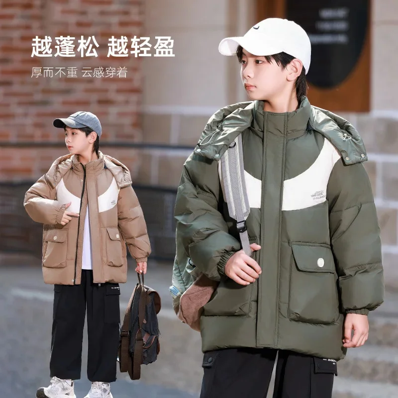 Kids Boys Student Long Loose Thickened Duck Downjacket Black Green Children Coat Teenagers Hooded Padded Jacket Clothes Winter