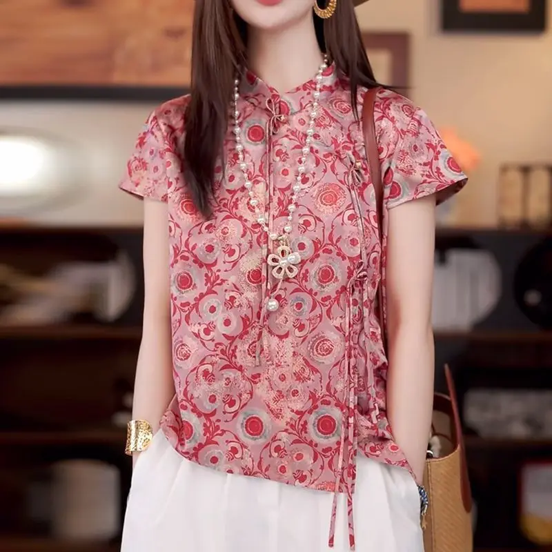 

Elegant Chinese Style Women Shirt With Mandarin Collar And Floral Print For Casual Summer Wear