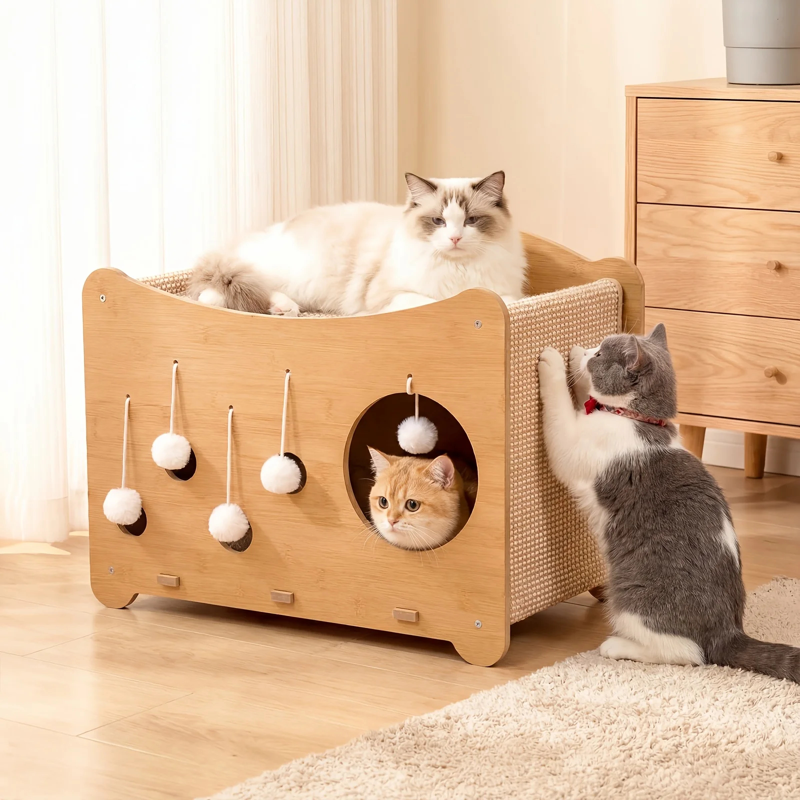 

2-In-1 Cat Scratcher House & Condo, Wooden Cat Bed with Sisal Scratching Mat, Durable Cardboard, Easy Assembly, Indoor Cat Rest & Scratch Furniture