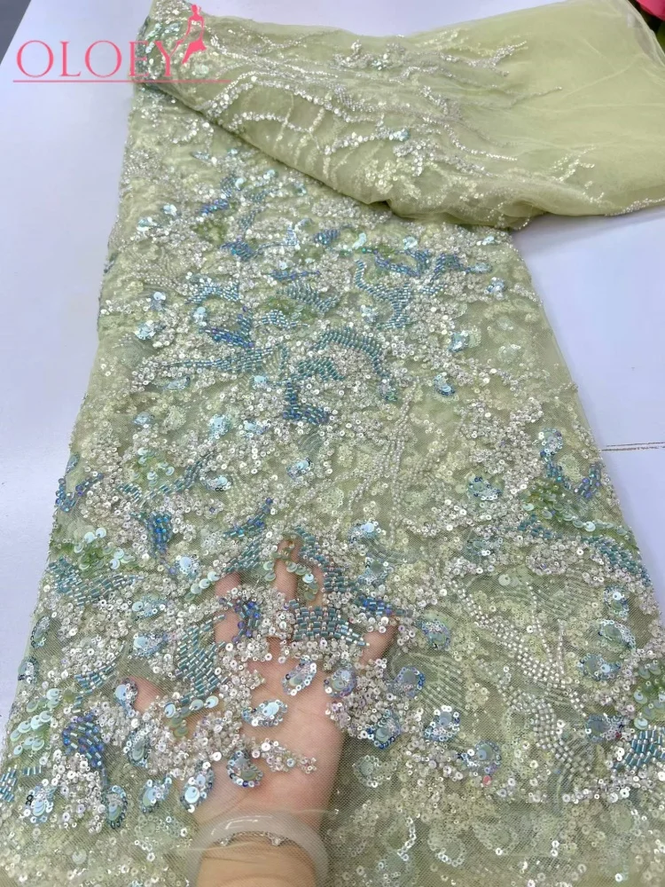 

OLOEY Fashion African Sequins Beaded Tulle Lace Fabric High End French Embroidery Mesh Lace For Nigerian Party Wedding Dres
