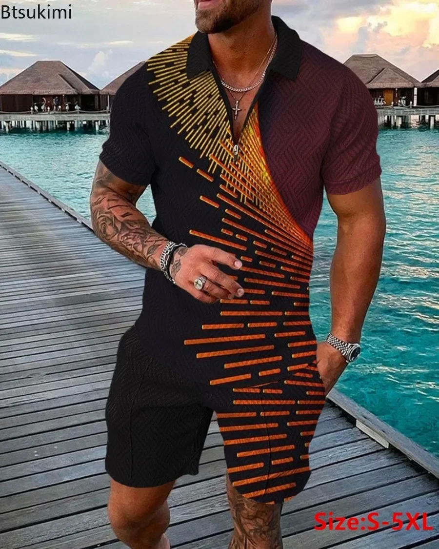 

Summer New 3D Print Men's Zipper Lapel Pullovers Tracksuit Fashion Casual Polo Shirt and Shorts 2pcs Sets 2025 Men's Casual Sets
