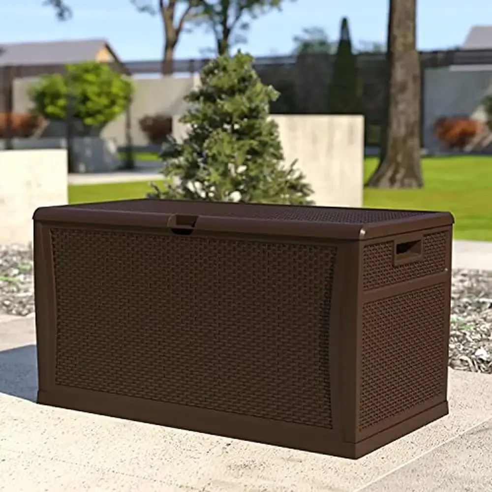 Outdoor Patio Storage Deck Box 120 Gallon Brown Waterproof Polypropylene Resists Fading Peeling Denting Wicker Motif Design Easy