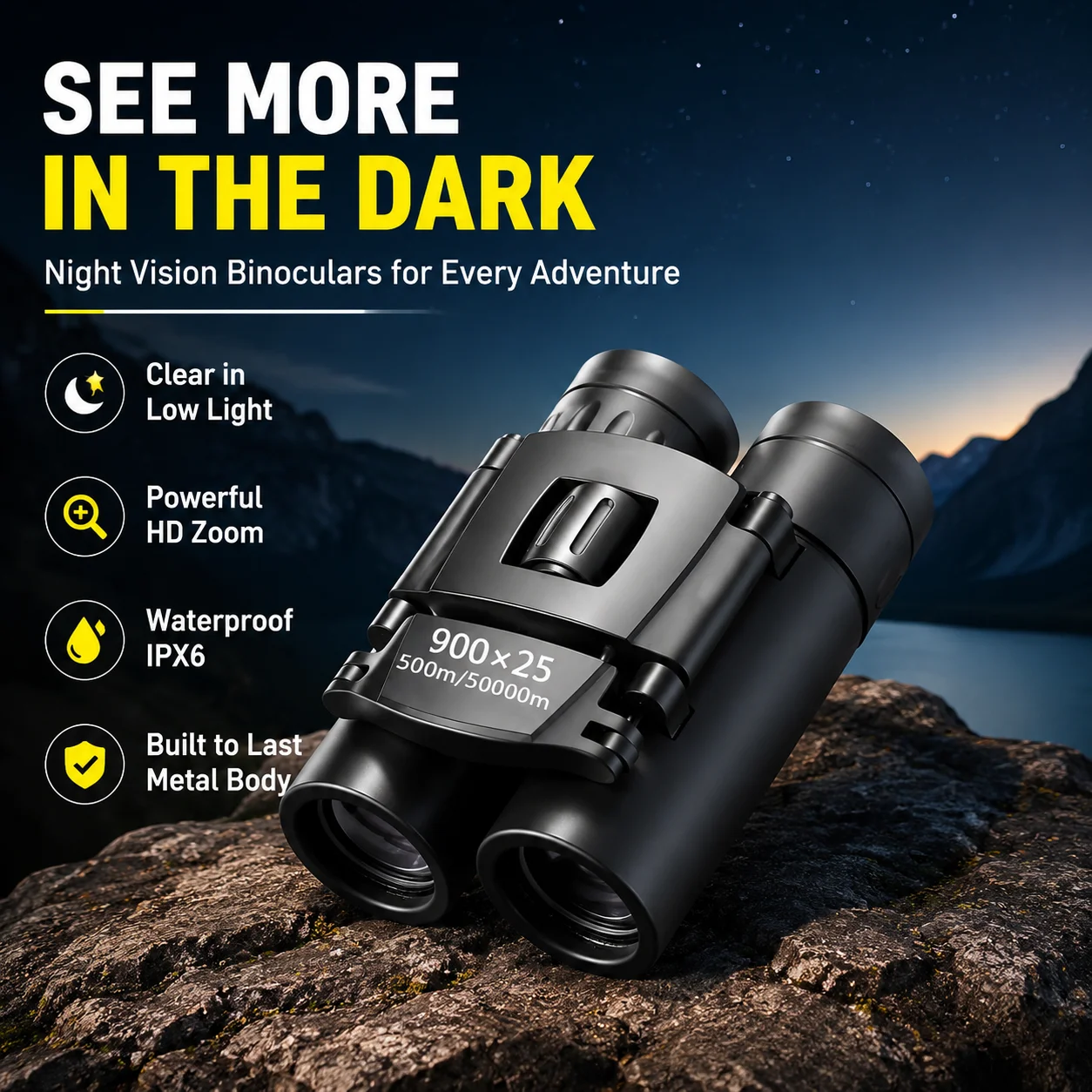 Jumelles de vision nocturne avec zoom HD, prisme BAK4, capacité de vision en basse lumière, étanches IPX6, corps métallique pour les voyages en plein air et la chasse