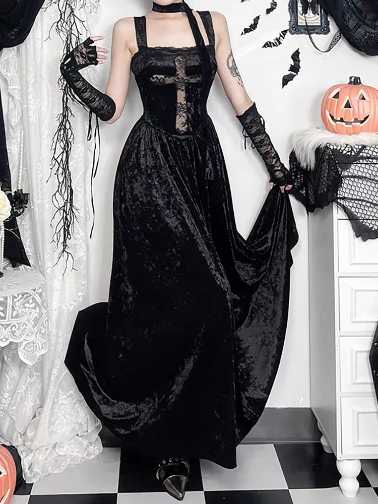 RORORIRI Sheer Cross Lace Splice Samt Tank Kleid Frauen Schal Neck Backless Sexy Plissee Drapierte Lange Kleid Dark Vintage Kleidung