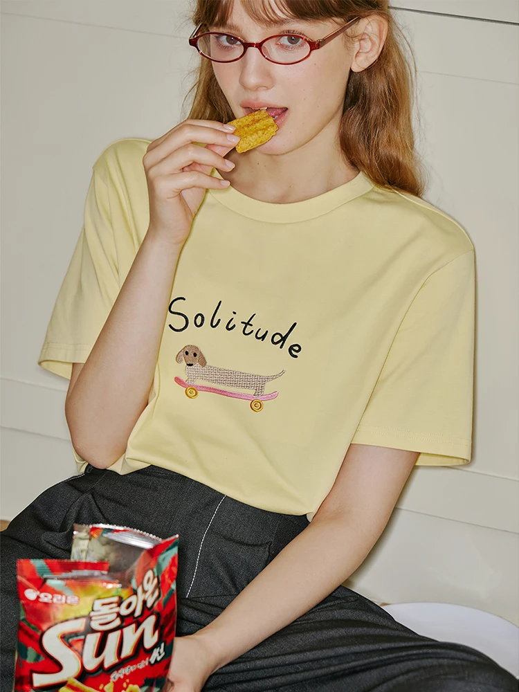 FSLE Women Printed T-Shirt Summer Cotton Round Neck Tee Drop Sleeve White Female T-Shirts Yellow Short Sleeve Tops 24FS18033