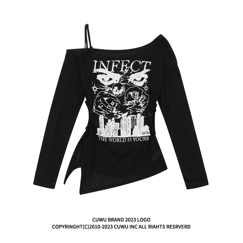 

Cuwu Unique Design Irregular ort Svel T-irt Women's Faionable American Brand Spicy Girl Slim Fit Long Sve T-irt