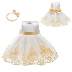 Baby Girls Elegant Dress Toddler Girl Children Embroidered Bow Princess Dress + Headband Gowns Wedding Carnival Party Vestidos