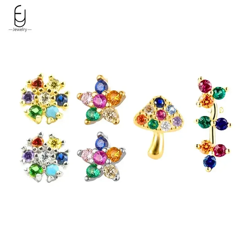 

925 Sterling Silver Ear Needle Colorful Zircon Stud Earrings for Women Cute Star/Flower/Mushroom Small Earring Fashion Jewelry