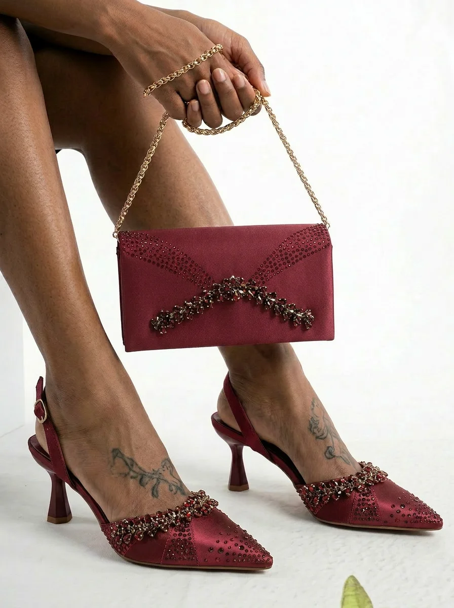 Italian Design Slip-on High Heels and Matching Three-Dimensional Bag Nigeria Party Pointed Shoes with Bag or a Pair of Shoes